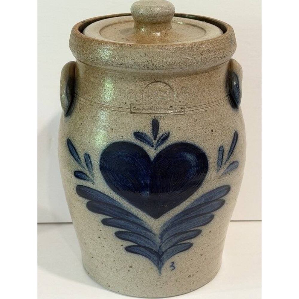 Rowe Pottery Works Canister Crock With Lid Salt Glaze 1986 Blue Heart Print 11"